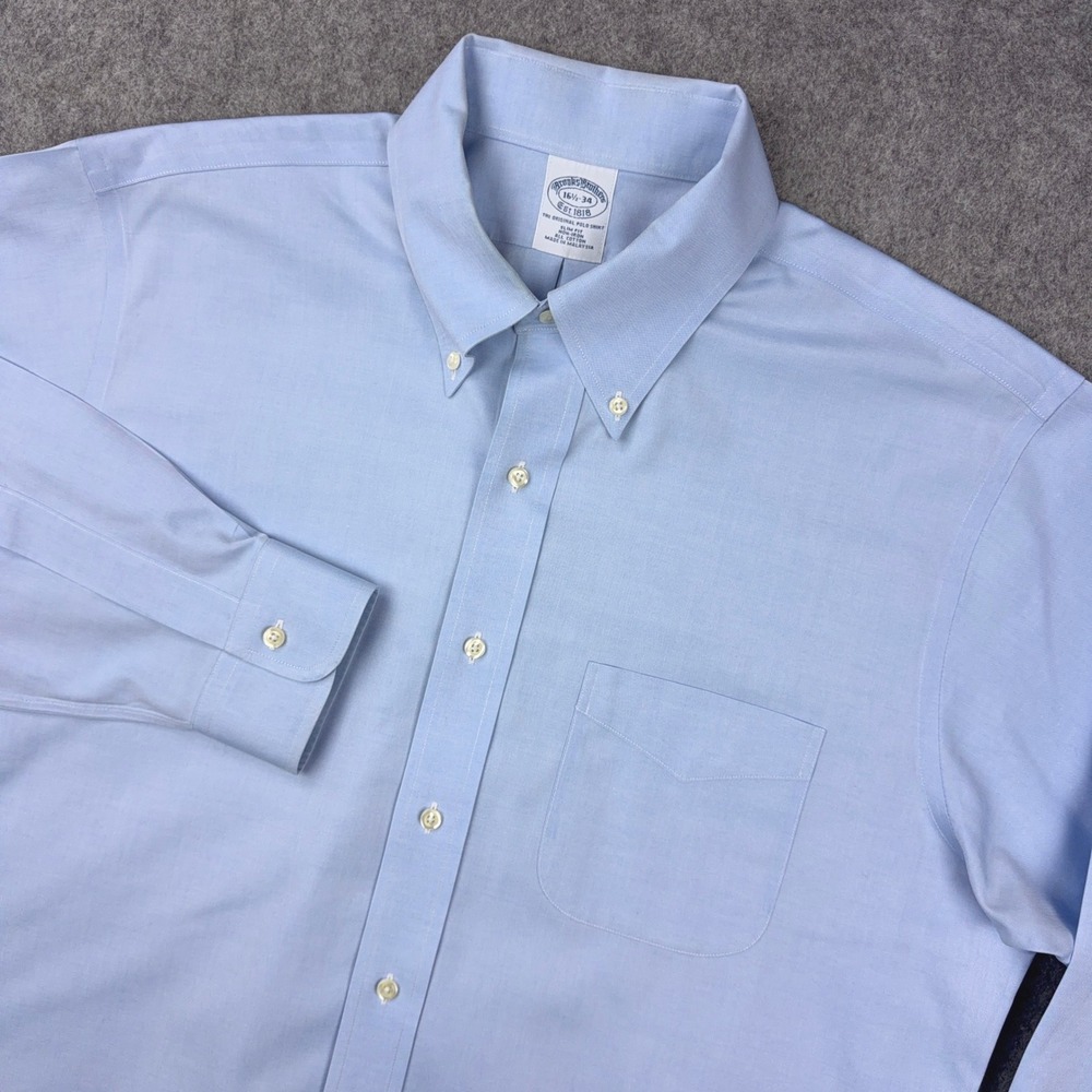 Brooks Brothers Shirt Mens 16.5 34 Blue Oxford Button Down Slim Non Iron Cotton